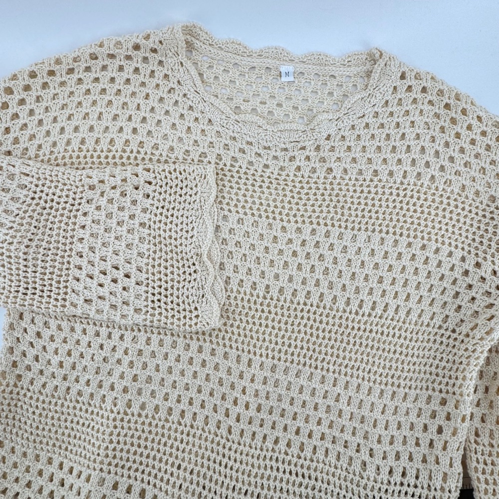 Crochet Sweater‎ Top Long Sleeve Scallop Open Weave Cream Medium Beach Boho